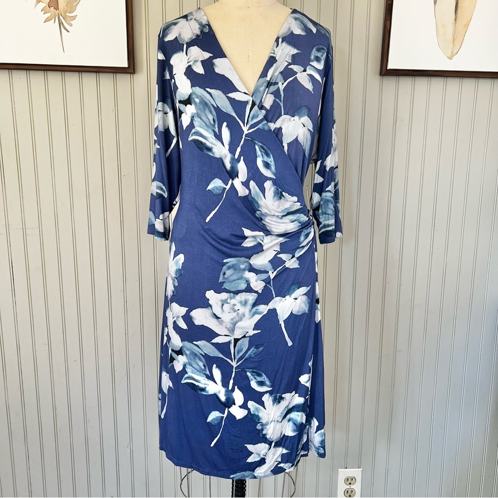Soft Surroundings NWT Rose Print Ruched Fit and Flare Mid Dress Blue Size 1X
